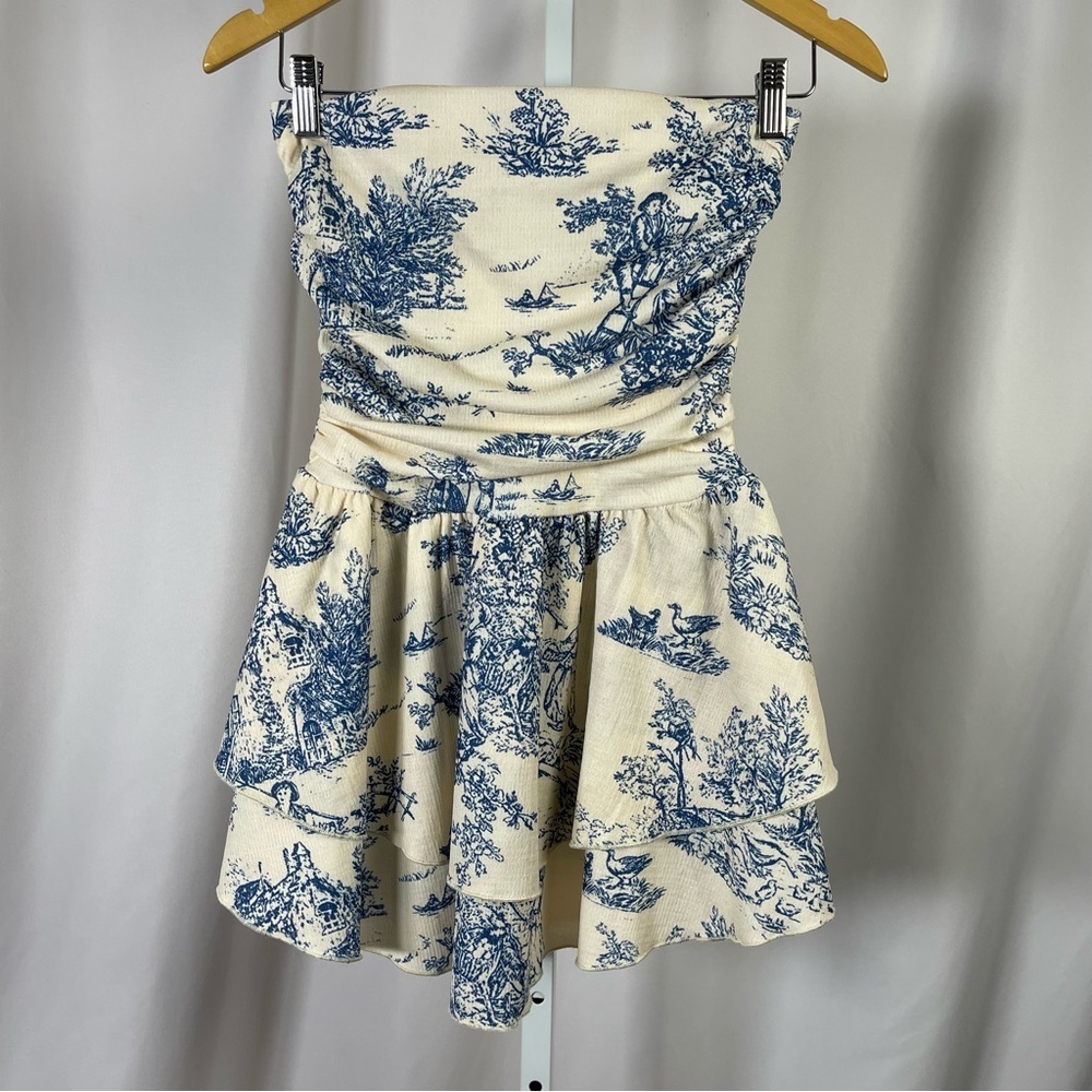 Cider XS Toile De Jouy Shirred Ruched Mini Dress Ruffle Retro